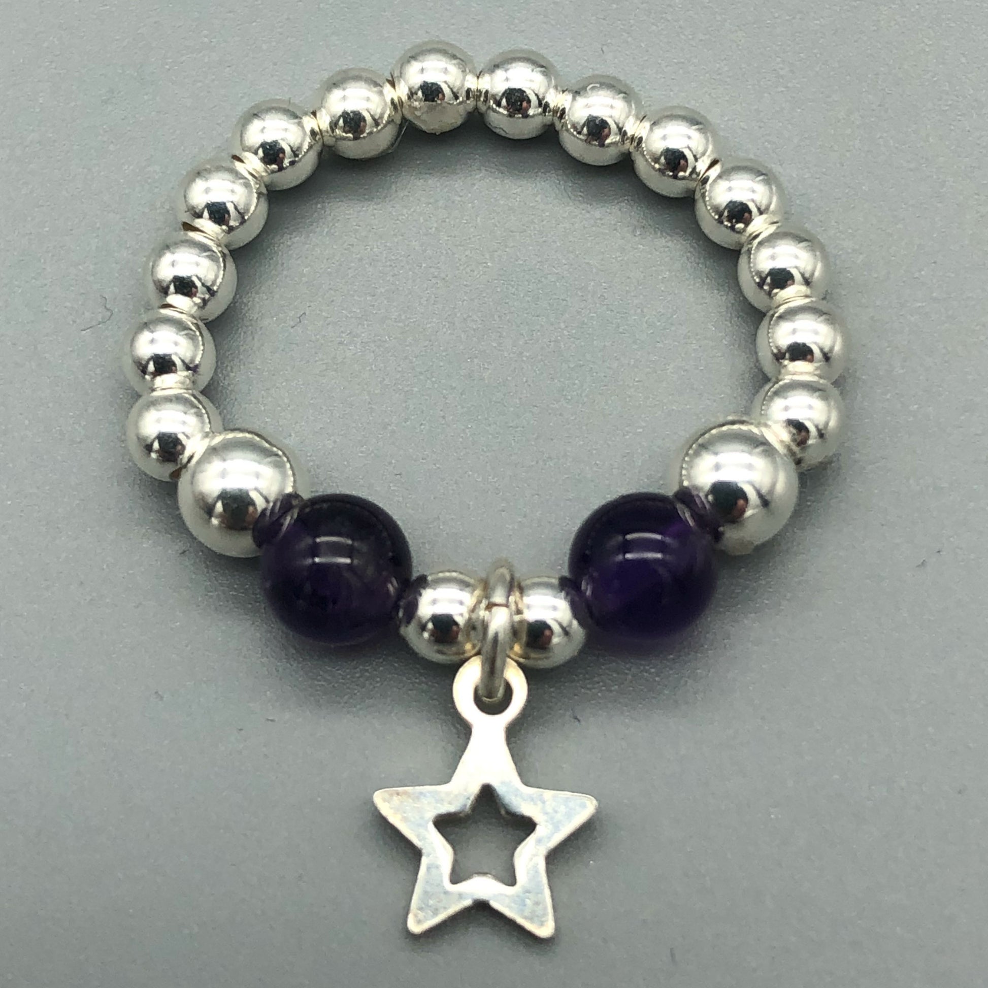 Star charm amethyst sterling silver charm women's bead stacking ring by My Silver Wish