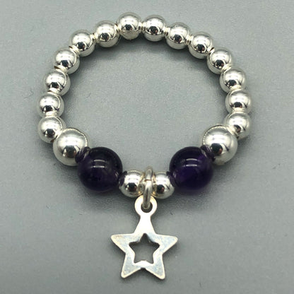 Star charm amethyst sterling silver beads girl's stacking ring by My Silver Wish