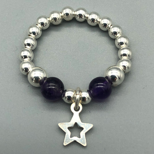 Star charm amethyst sterling silver beads girl's stacking ring by My Silver Wish