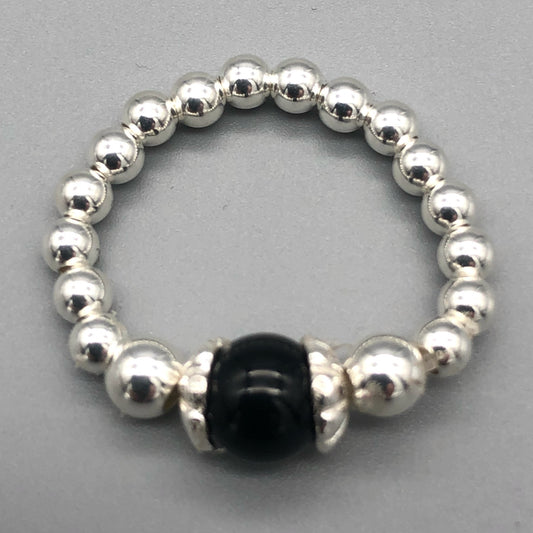 Black Onyx Healing Crystal Bead & Sterling Silver Stacking Ring
