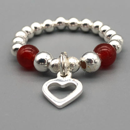 Open heart charm carnelian & sterling silver bead girl's stacking ring by My Silver Wish