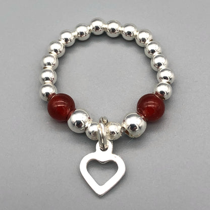Open heart charm carnelian & sterling silver women's stacking bead ring by My Silver Wish
