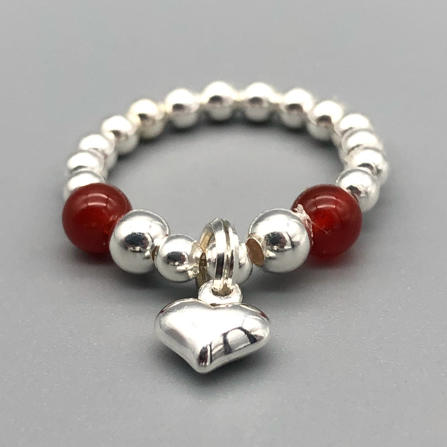 Heart charm sterling silver & carnelian bead girl's stacking charm ring by My Silver Wish