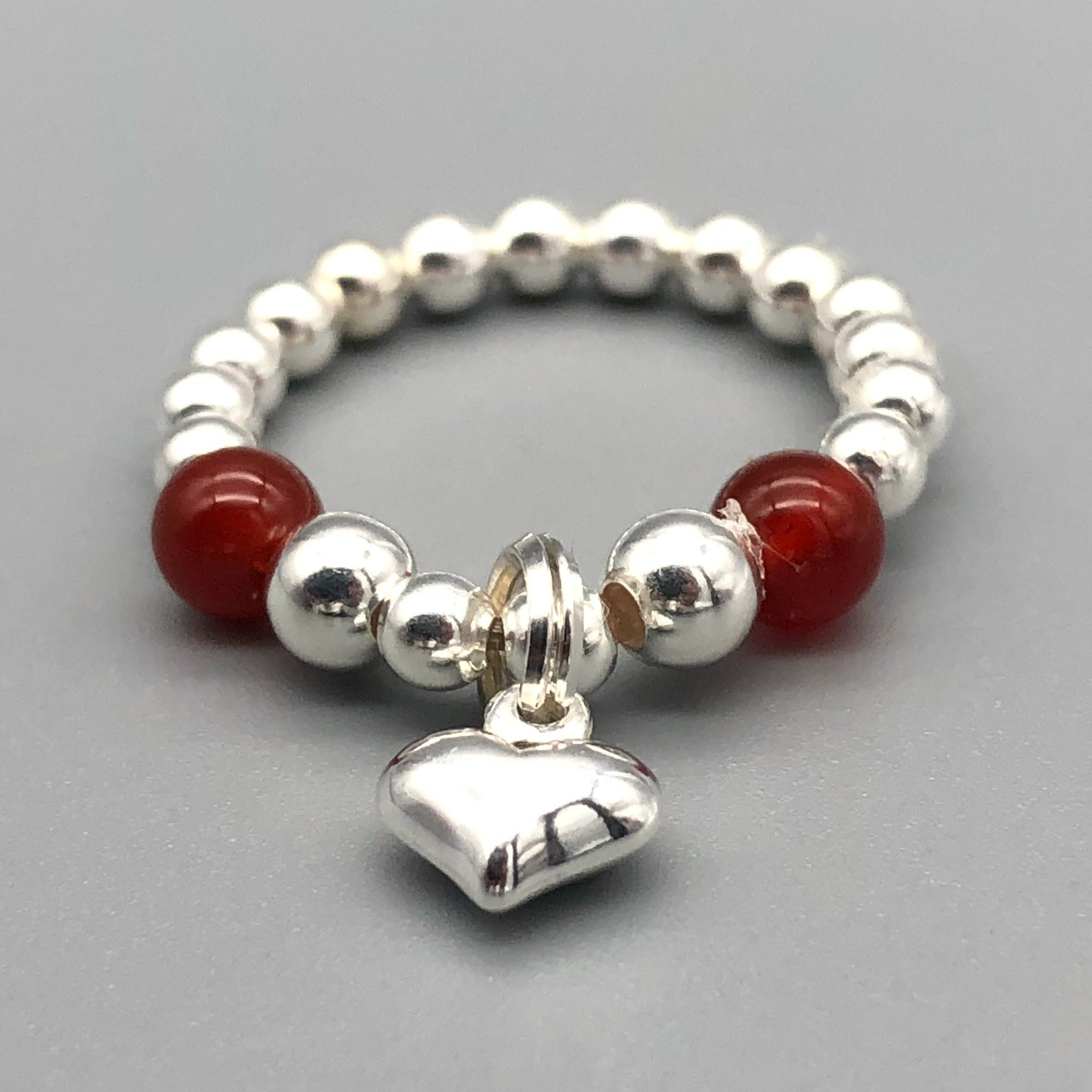 Heart charm sterling silver & carnelian bead girl's stacking charm ring by My Silver Wish