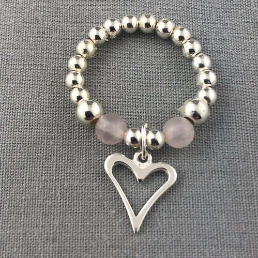 Open heart rose quartz & sterling silver bead women's stacking charm ring by My Silver Wish