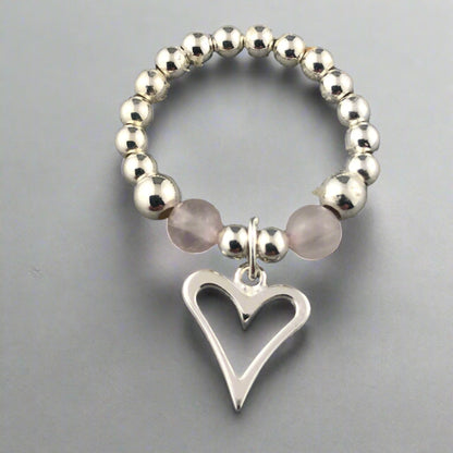 Open heart rose quartz & sterling silver bead women's stacking charm ring by My Silver Wish