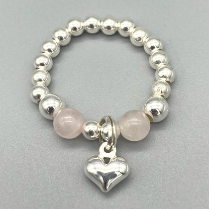 Heart charm & rose quartz healing crystal women's silver stacking ring by My Silver Wish