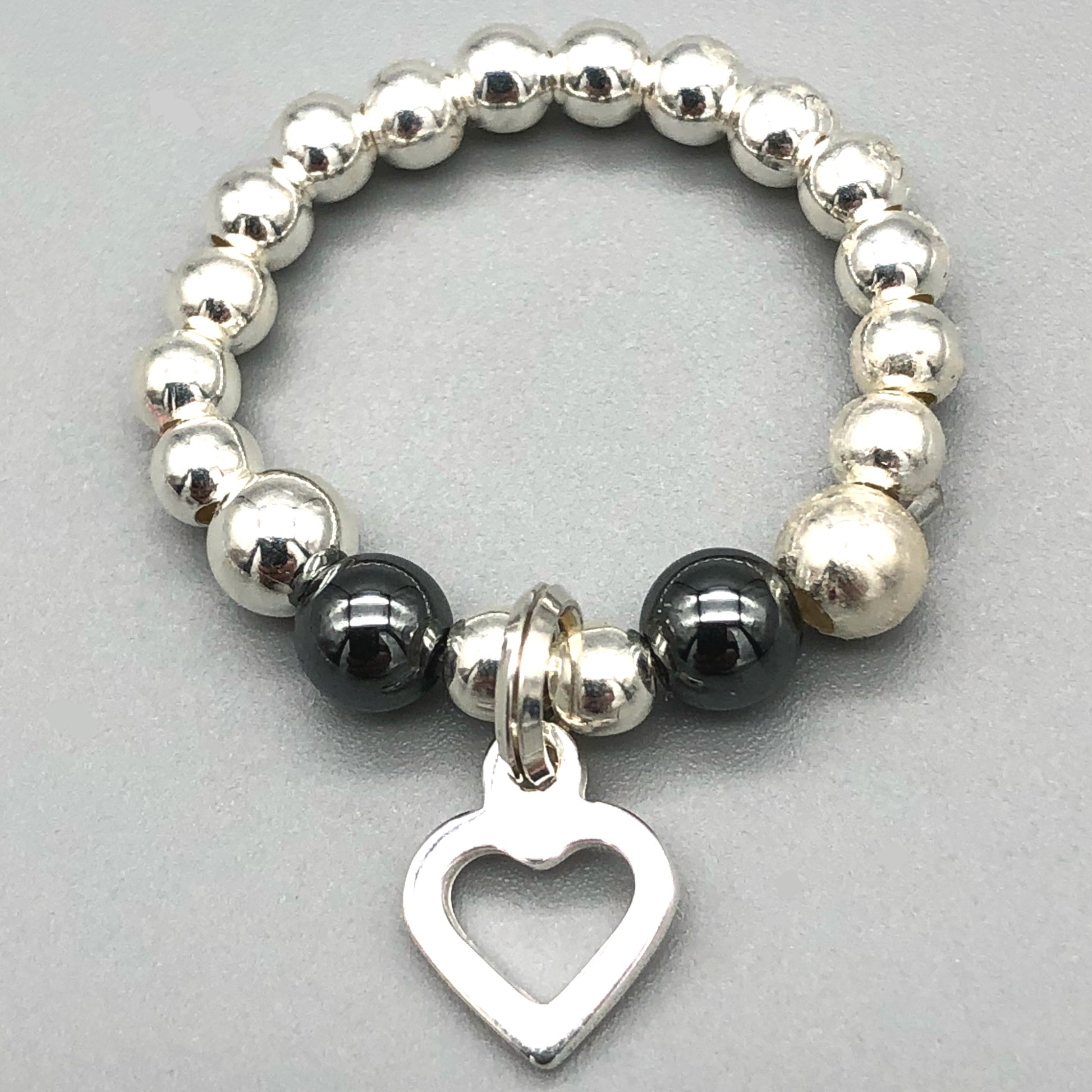 Heart charm hematite & sterling silver beads women's stacking ring by My Silver Wish
