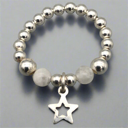 Star charm sterling silver and moonstone bead stacking ring for her by My Silver Wish