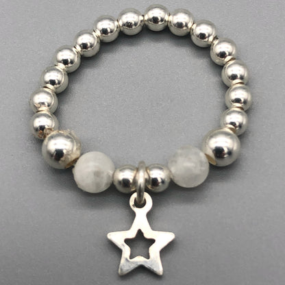 Star charm moonstone sterling silver girl's bead stacking ring by My Silver Wish