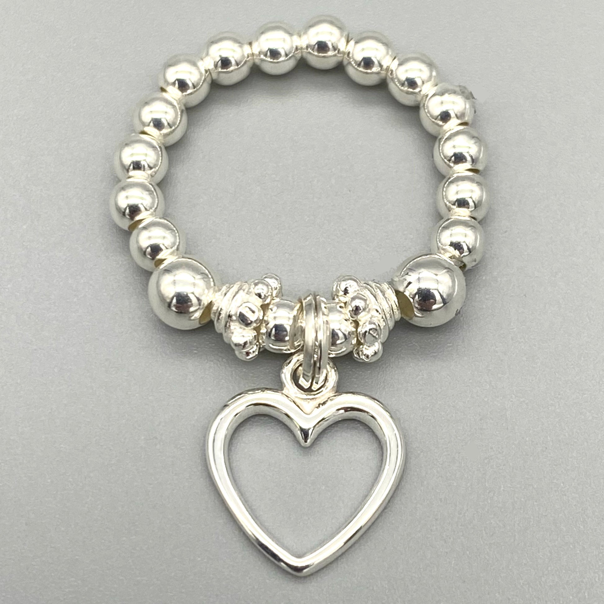 Heart charm women's hand-made sterling silver bead stacking ring by My Silver Wish