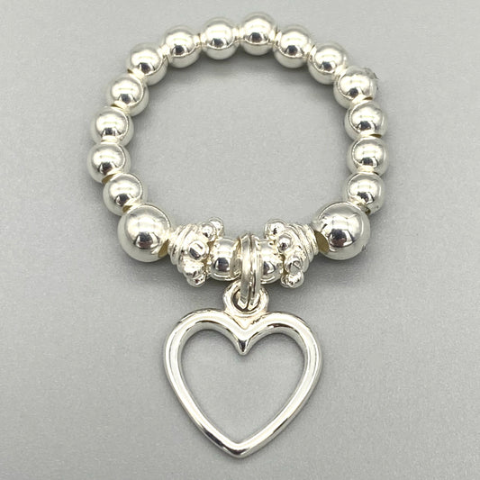 Heart charm women's hand-made sterling silver bead stacking ring by My Silver Wish