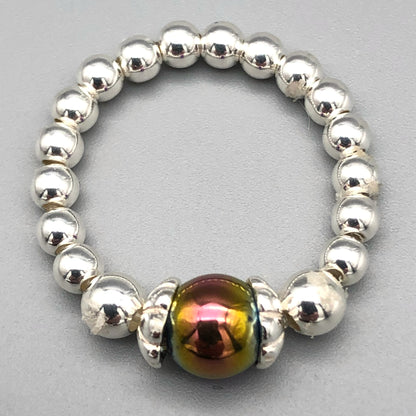 Rainbow hematite beaded sterling silver women's stacking bracelet & ring set
