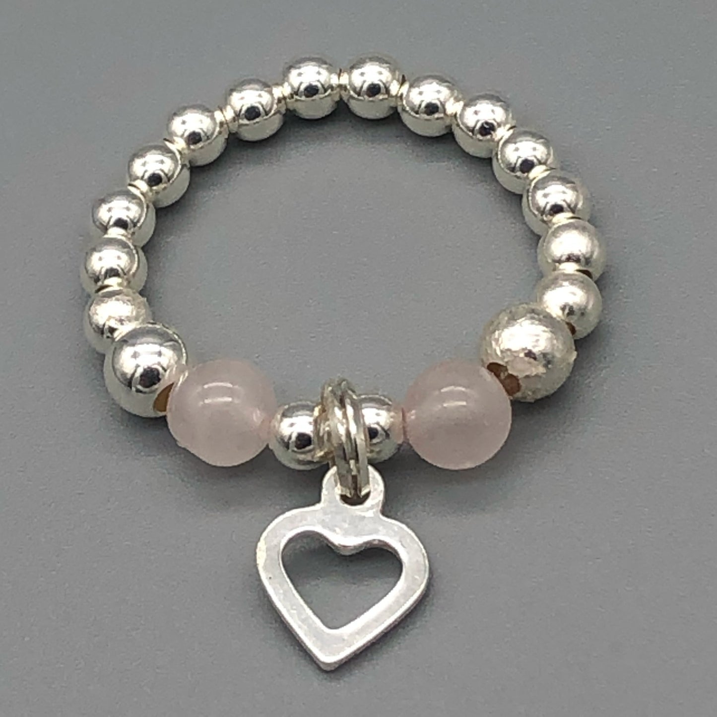 Open heart charm rose quartz & sterling silver charm girl's bead stacking ring by My Silver Wish