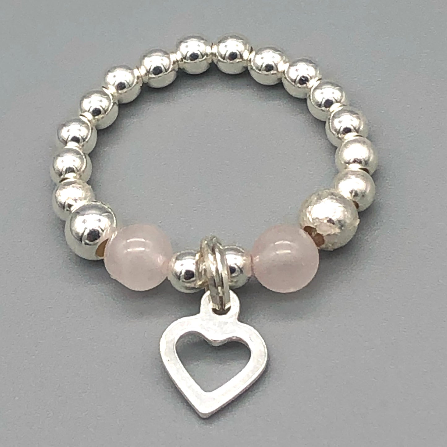 Open heart charm rose quartz & sterling silver bead women's stacking ring by My Silver Wish