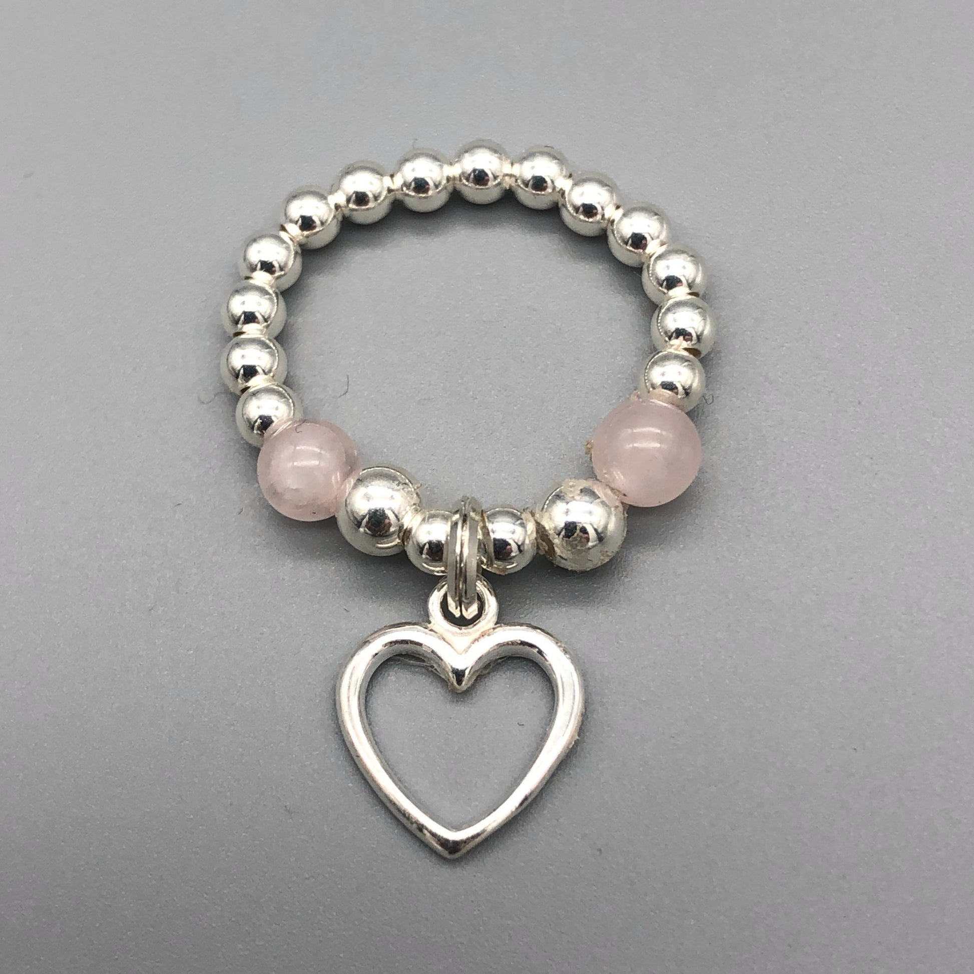 Open heart charm rose quartz & sterling silver women's stacking bead ring by My Silver Wish