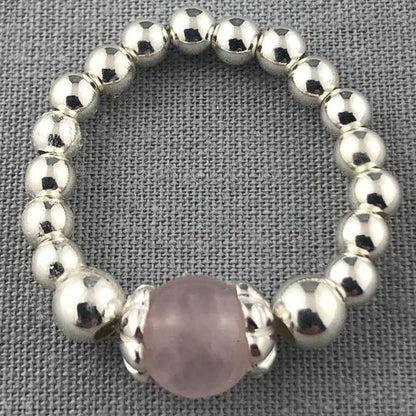 Heart charm sterling silver and rose quartz women's stacking bracelet & ring set