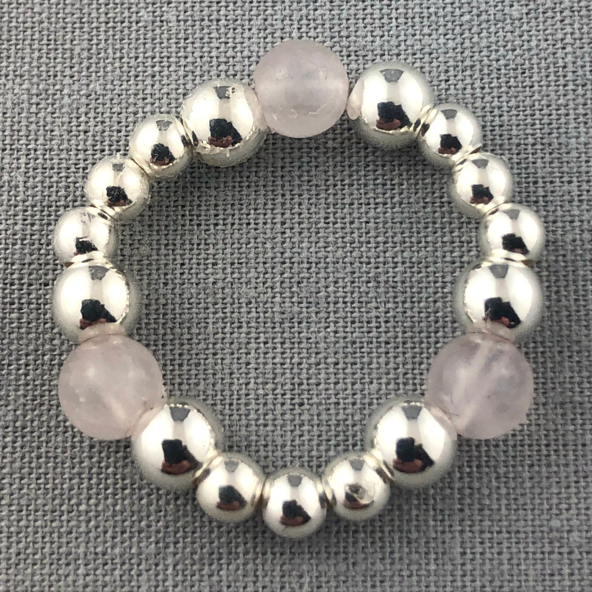 Rose quartz & sterling silver women's bead stacking charm ring by My Silver Wish
