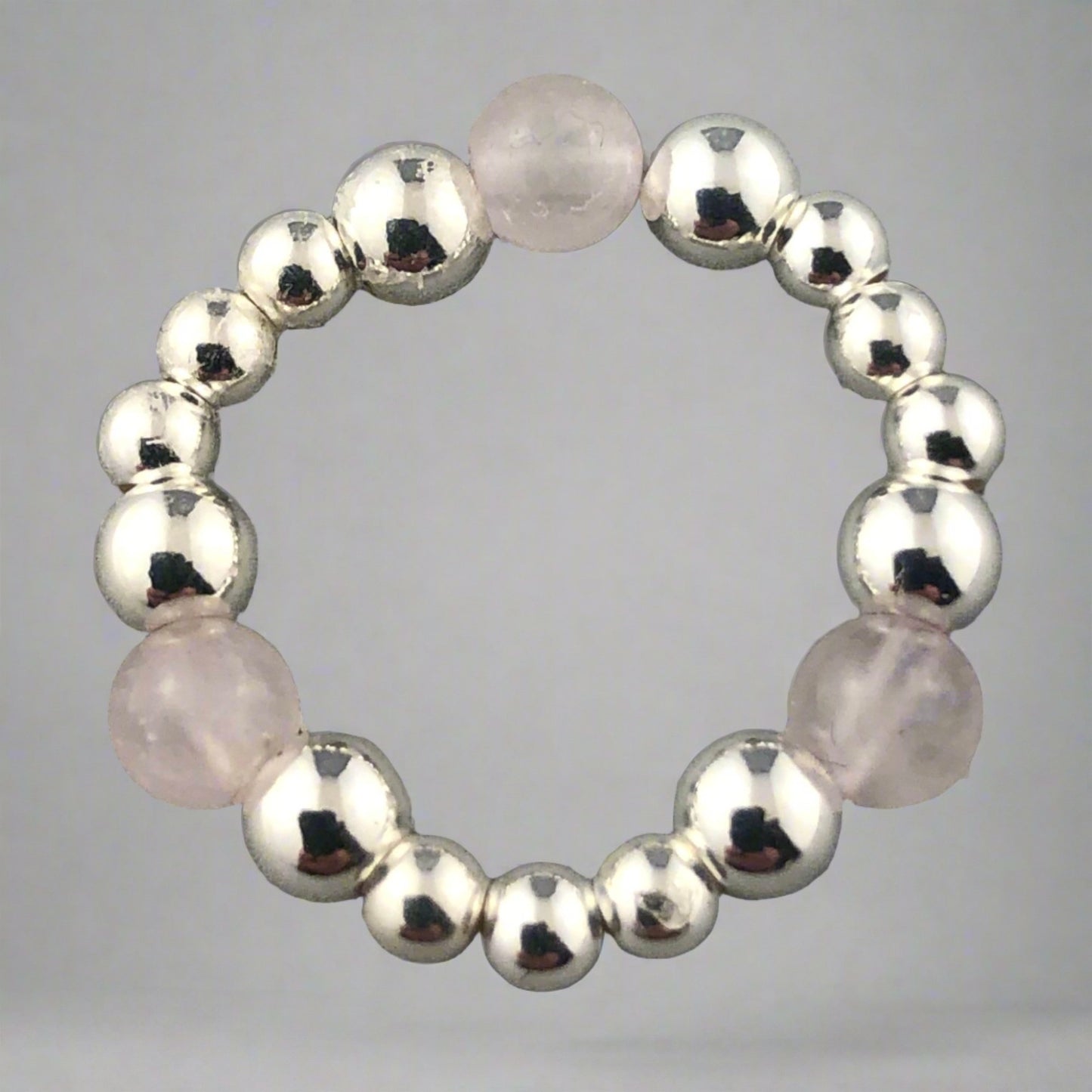 Rose quartz & sterling silver women's bead stacking charm ring by My Silver Wish