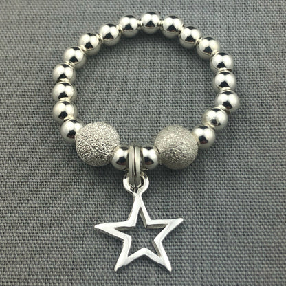 Star charm sterling silver frosted beads women's stacking ring by My Silver Wish