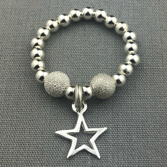 Star charm sterling silver frosted beads women's stacking ring by My Silver Wish