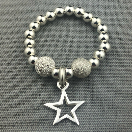 Star charm sterling silver frosted beads girl's stacking ring by My Silver Wish